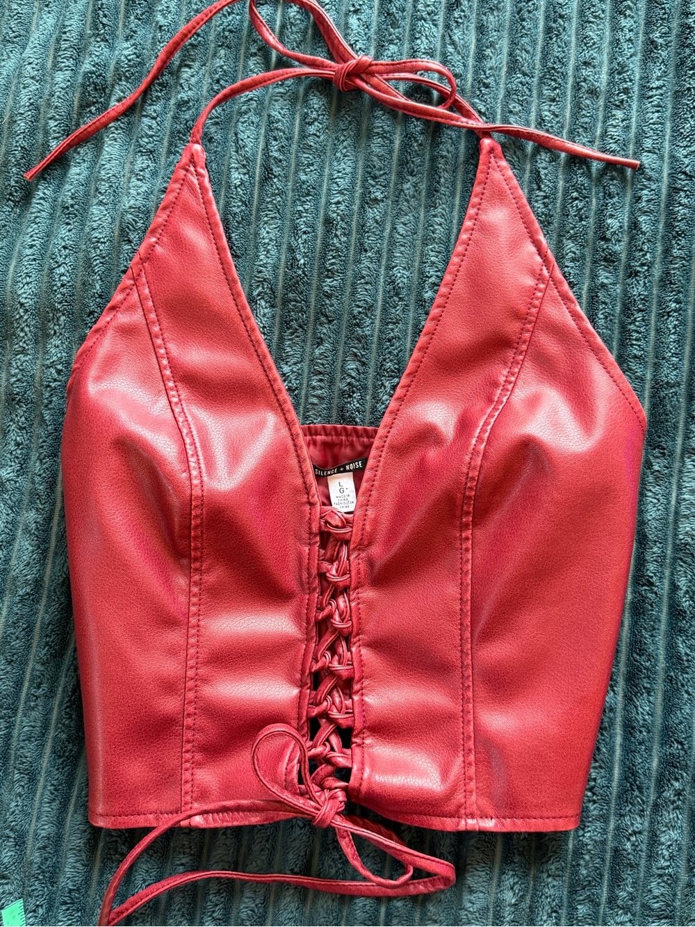silence + noise Red Lace-Up Faux Leather Crop Cami